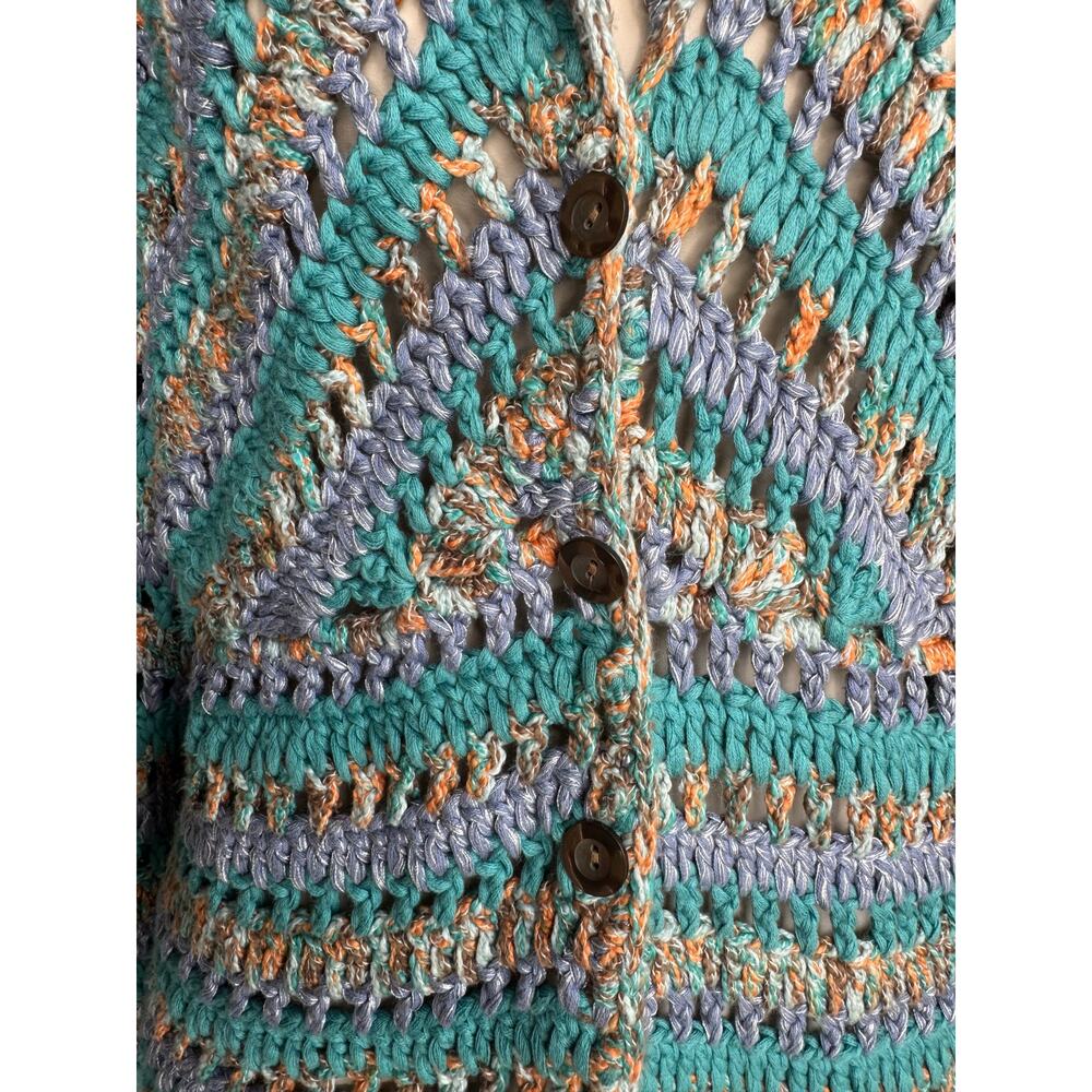 J. Jill Hand Crochet Open Knit Cardigan Blue Teal Cotton Blend Boho Medium - Picture 12 of 12